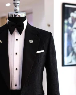 A Charcoal Black Floral Jacquard Notch Lapel Tuxedo Suit