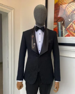 A Charcoal Black Floral Jacquard Sharp Wide Cut Shawl Lapel Tuxedo Suit
