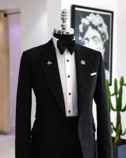 A Charcoal Black Floral Jacquard Notch Lapel Tuxedo Suit