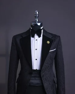 A Charcoal Black, Floral Notch lapel tuxedo suit