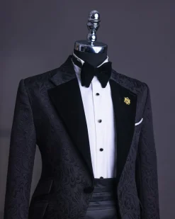 A Charcoal Black, Floral Notch lapel tuxedo suit
