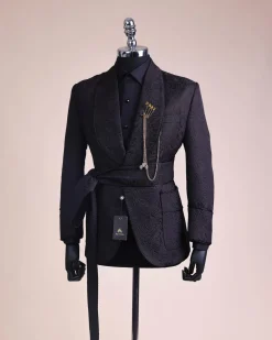 A Charcoal Black, Floral Patterned Shawl Lapel, Knitted, Single Button Smoking Tuxedo Suit