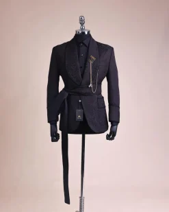 A Charcoal Black, Floral Patterned Shawl Lapel, Knitted, Single Button Smoking Tuxedo Suit