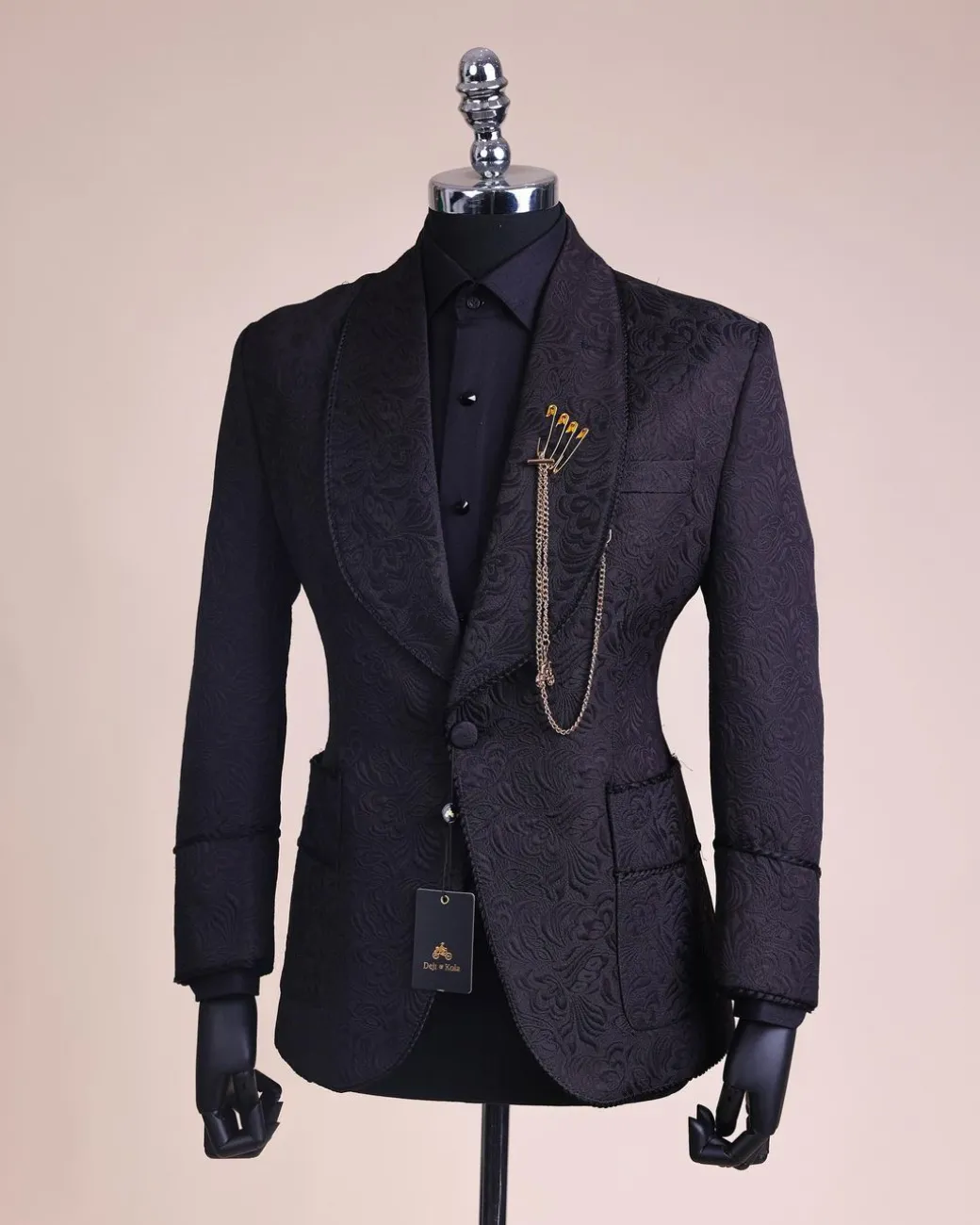 A Charcoal Black, Floral Patterned Shawl Lapel, Single Button Smoking Tuxedo Suit