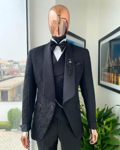 A Charcoal black, floral patterned jacquard tuxedo suit