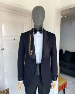 A Charcoal Black Floral Shawl Lapel Tuxedo Suit