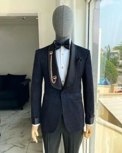 A Charcoal Black Floral Shawl Lapel Tuxedo Suit