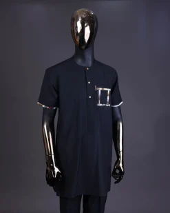 A charcoal black, front flap with gold Swarovski button, renaissance painting paisley detailing kaftan