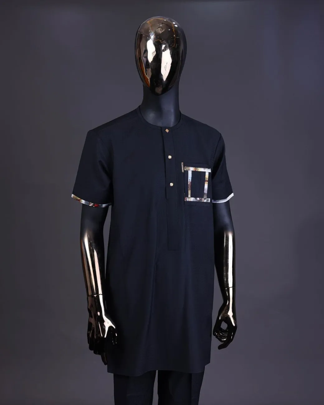 A charcoal black, front flap with gold Swarovski button, renaissance painting paisley detailing kaftan