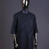 A Charcoal black front flap, blue and black pencil stripe cross-over with black Swarovski button detailing kaftan