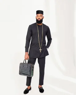 A Charcoal Black Front Flap African Kaftan