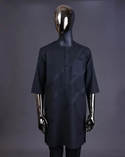 A Charcoal black front flap, blue and black pencil stripe cross-over with black Swarovski button detailing kaftan
