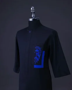 A Charcoal black, Front flap with crystals blue Swarovski buttons, Zeus embroidery, 3/4 sleeve details African senator kaftan native.