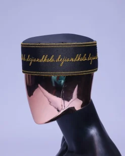 A Charcoal black, gold scritto pattered embroidery hat