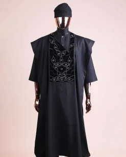 A charcoal black, grommet eyelet on root splash embroidery details agbada