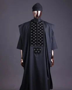 A charcoal black, grommet eyelet on dropping octa with silver Swarovski embroidery details agbada