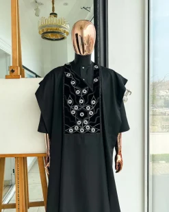 A charcoal black, grommet eyelet on root splash embroidery details agbada