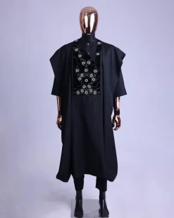 A charcoal black, grommet eyelet on root splash embroidery details agbada