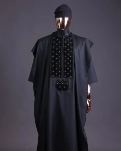 A charcoal black, grommet eyelet on dropping octa embroidery details agbada