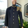 A Charcoal Black, Hand “Ide” Gold Metal Wire Embrodery, Right Hand Sache Safari Suit