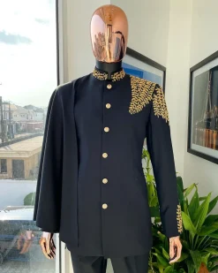 A Charcoal Black, Hand “Ide” Gold Metal Wire Embrodery, Right Hand Sache Safari Suit