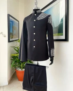 A Charcoal black, hand “Ide” silver metal wire embrodery, right-hand sache safari suit