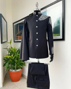 A Charcoal black, hand “Ide” silver metal wire embrodery, right-hand sache safari suit