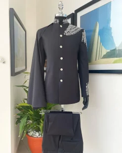 A Charcoal black, hand “Ide” silver metal wire embrodery, right-hand sache safari suit