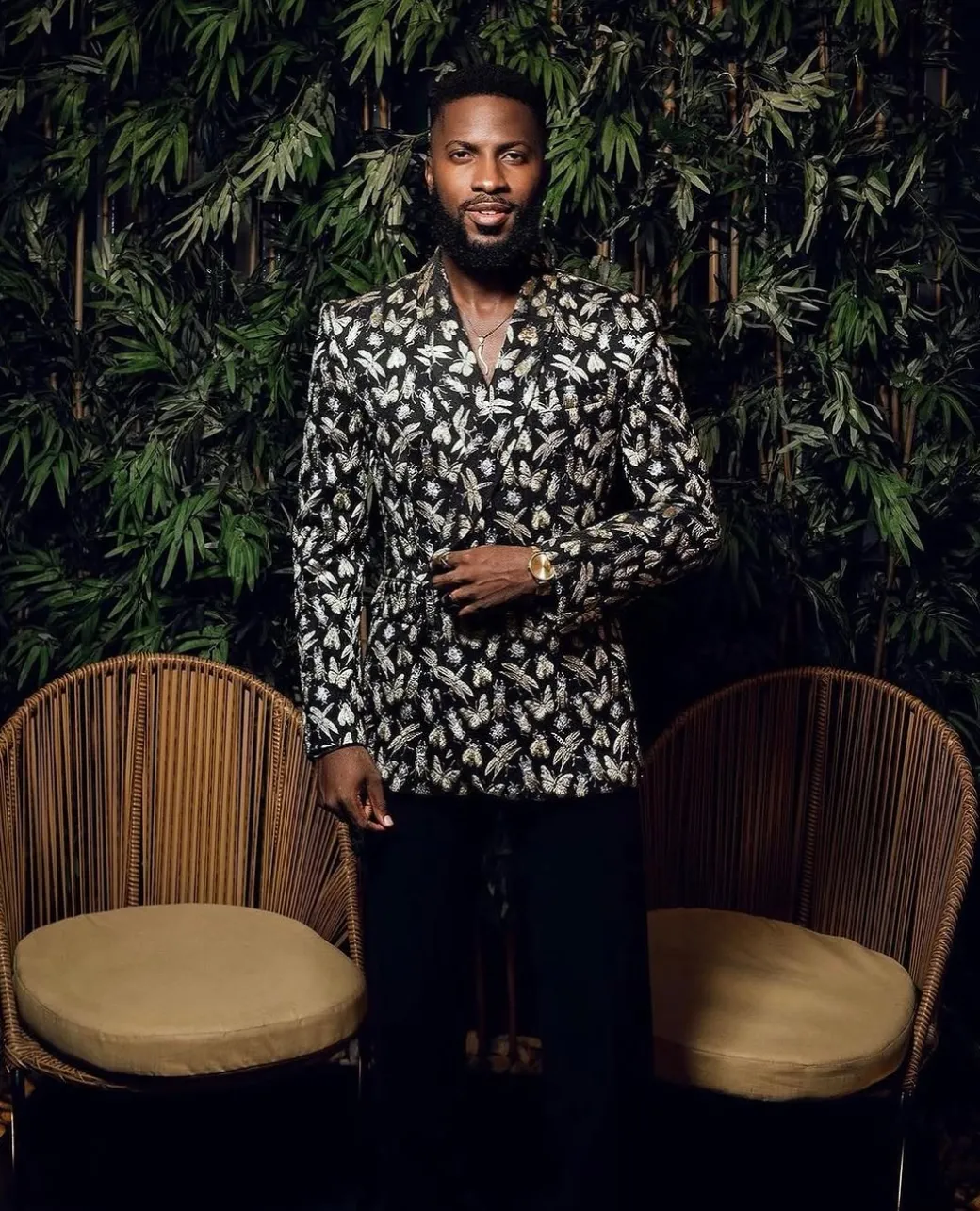 A Charcoal Black, insect element, metallic jacquard shawl lapel wrap suit