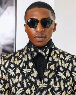 A Charcoal Black, insect element, metallic jacquard shawl lapel wrap suit