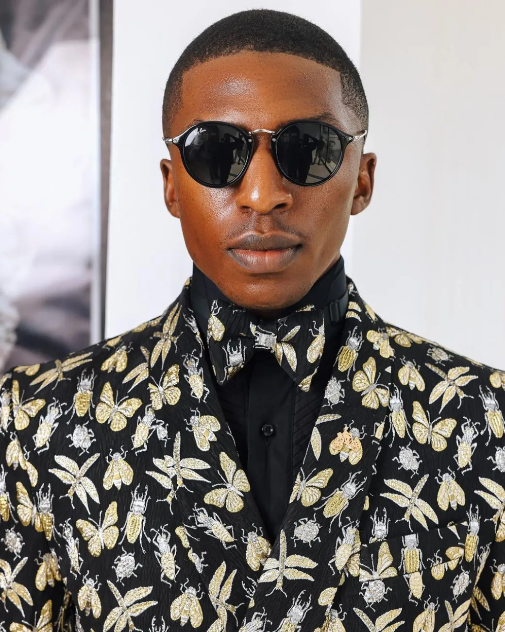 A Charcoal Black, insect element, metallic jacquard shawl lapel wrap suit