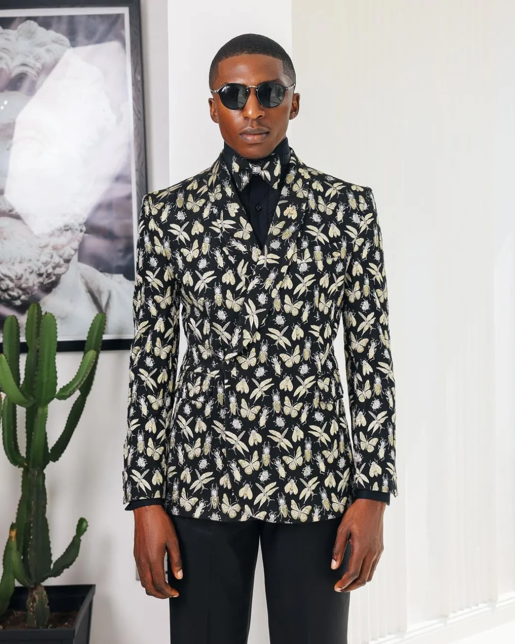 A Charcoal Black, insect element, metallic jacquard shawl lapel wrap suit