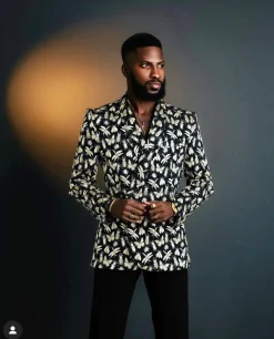 A Charcoal Black, insect element, metallic jacquard shawl lapel wrap suit