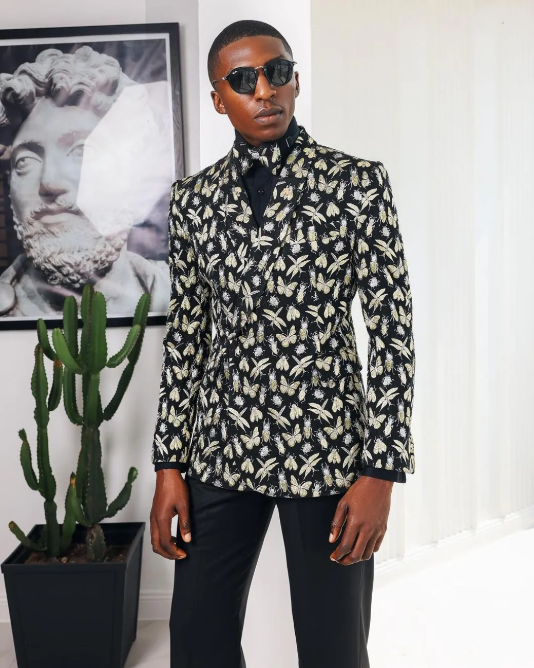 A Charcoal Black, insect element, metallic jacquard shawl lapel wrap suit