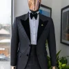 A Charcoal black inverted square patterned metallic jacquard tuxedo with charcoal black velvet peak lapel suit