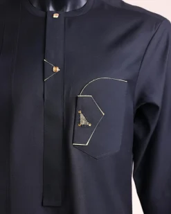 A charcoal black, inverted and closed flap shaped pocket details, 3/4 sleeve African senator kaftan native.