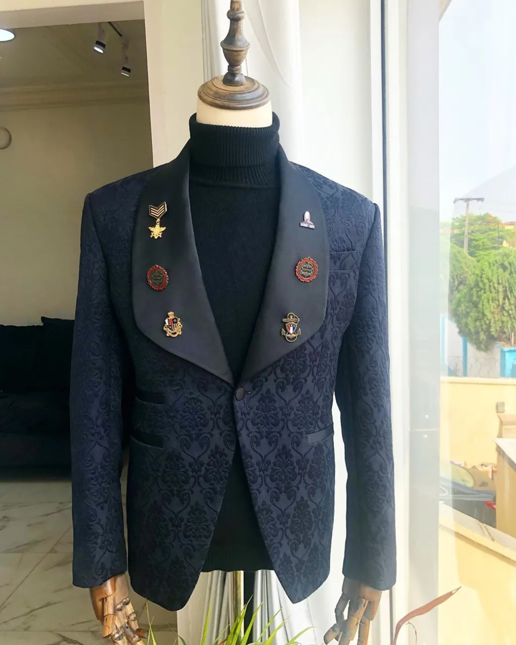 A Charcoal Black Jacquard shawl-lapel Tuxedo suit