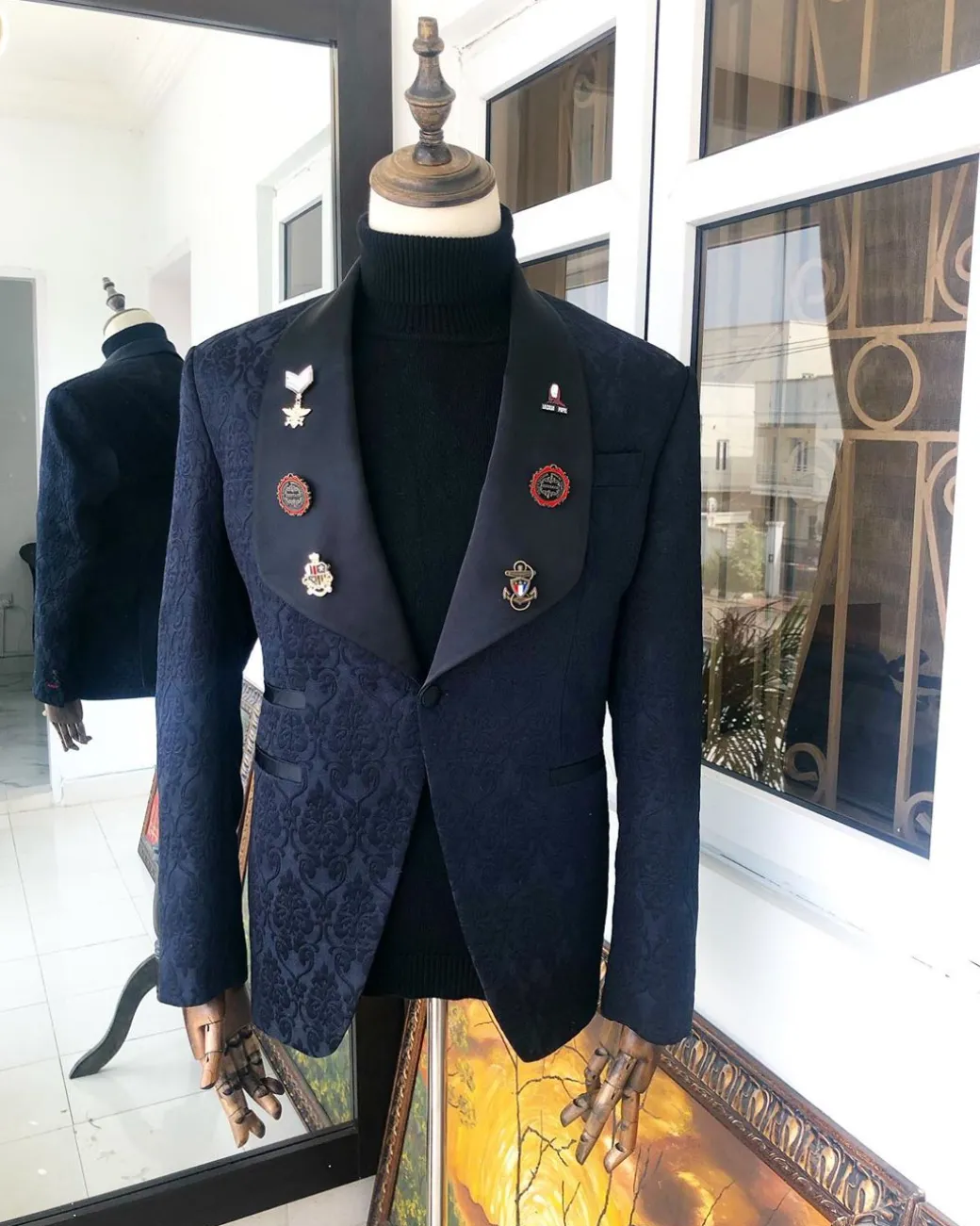A Charcoal Black Jacquard shawl-lapel Tuxedo suit