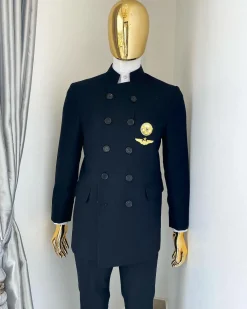 A Charcoal Black Jorgecarli Merino Wool “Clergyman” French Double Breasted Safari Suit