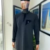 A Charcoal Black kaftan, black velvet detailing, layered patch pocket African traditional kaftan native.