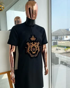 A Charcoal black, king crown Embroidery gold and black patch detailing african traditional senator kaftan native.