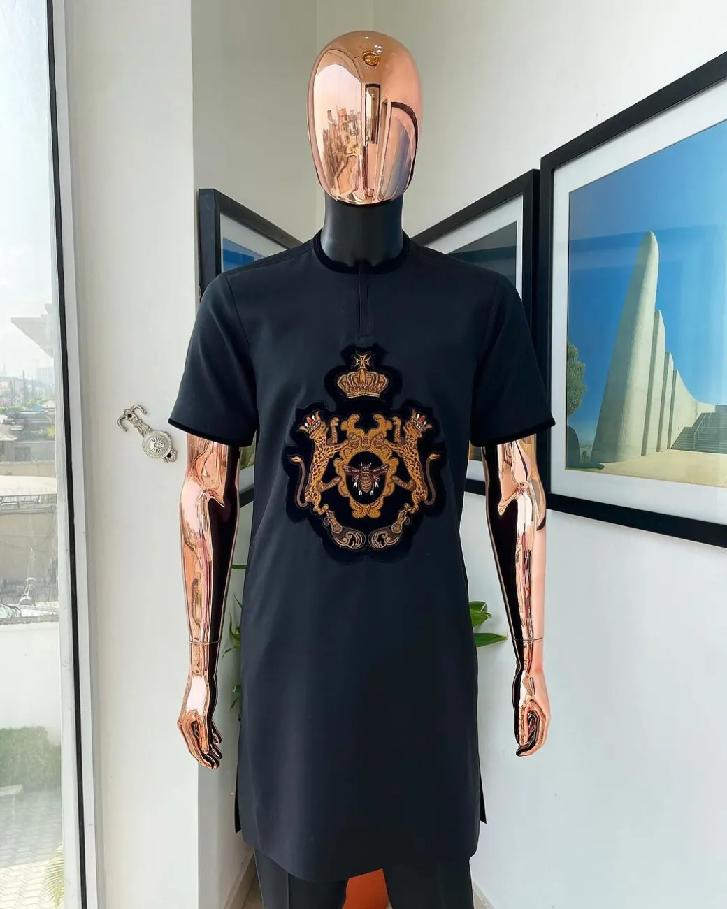 A Charcoal black, king crown Embroidery gold and black patch detailing african traditional senator kaftan native.