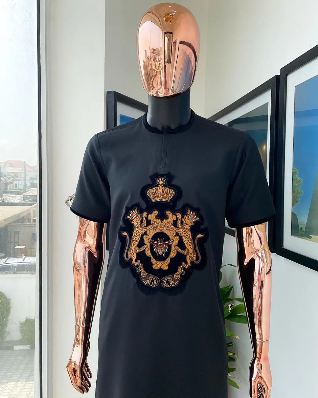 A Charcoal black, king crown Embroidery gold and black patch detailing african traditional senator kaftan native.