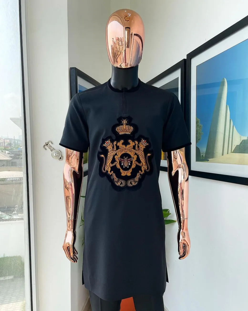 A Charcoal black, king crown Embroidery gold and black patch detailing african traditional senator kaftan native.