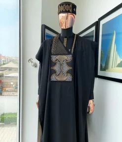 A Charcoal black, kissing wavelength embroidery design with ss30 light topaz and crystal xilion Swarovski stones detailing agbada