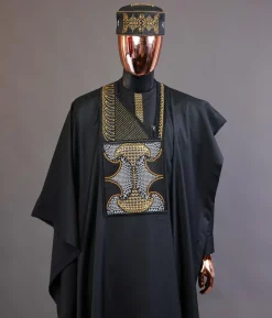 A Charcoal black, kissing wavelength embroidery design with ss30 light topaz and crystal xilion Swarovski stones detailing agbada