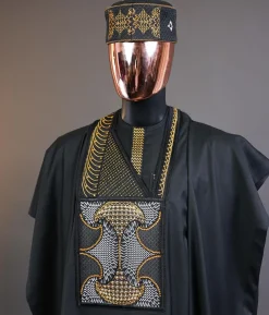 A Charcoal black, kissing wavelength embroidery design with ss30 light topaz and crystal xilion Swarovski stones detailing agbada