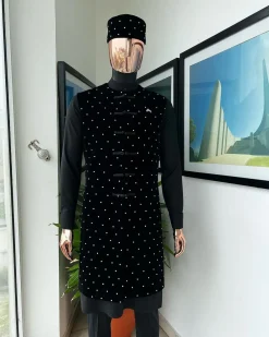 A Charcoal black long sleeve kaftan, Matching velvet jacket , hat and sokoto African traditional senator kaftan native.