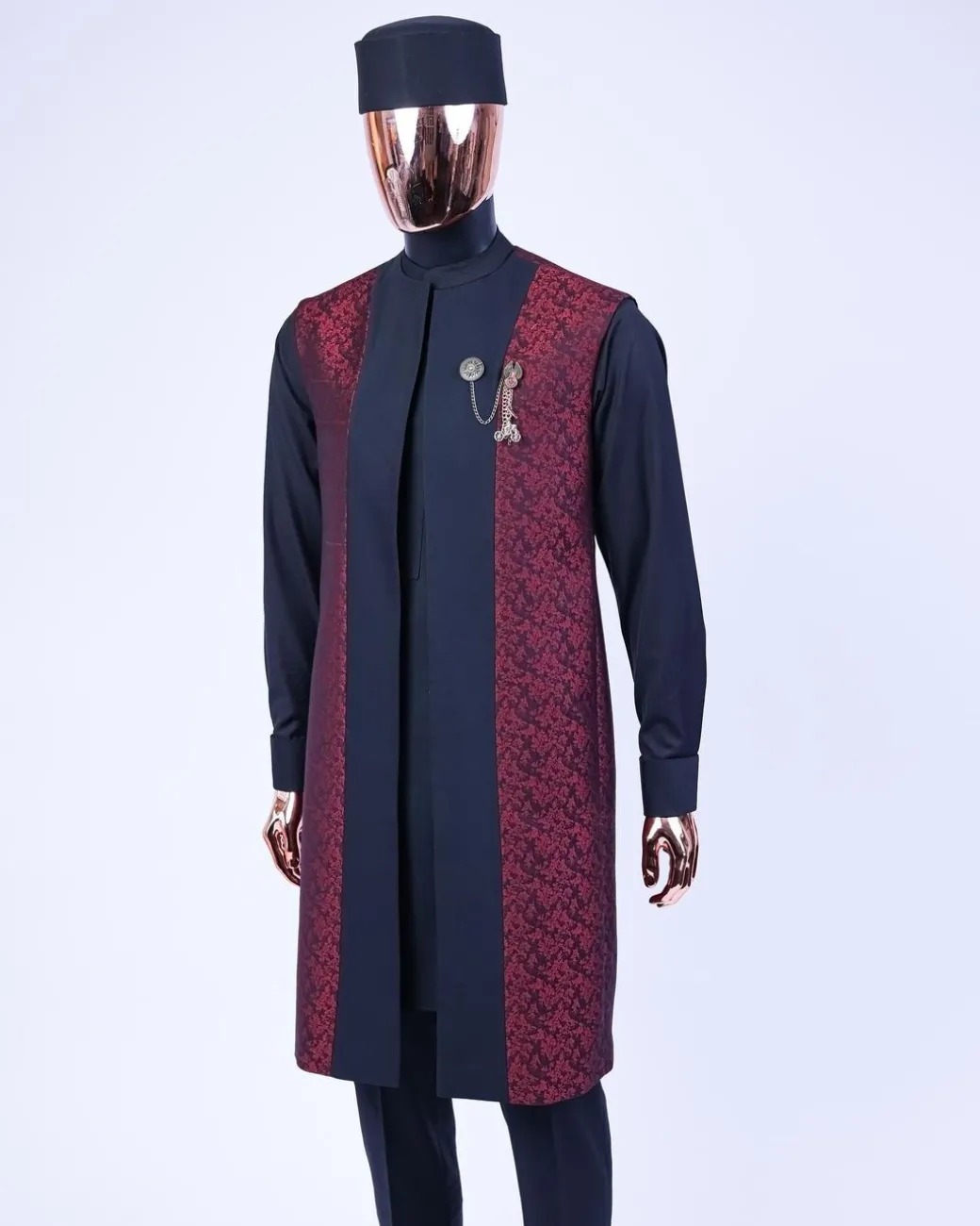 A charcoal black long sleeve kaftan, dispersed burgundy & black splash kimono jacket, hat and sokoto African traditional senator kaftan native.