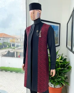 A charcoal black long sleeve kaftan, dispersed burgundy & black splash kimono jacket, hat and sokoto African traditional senator kaftan native.